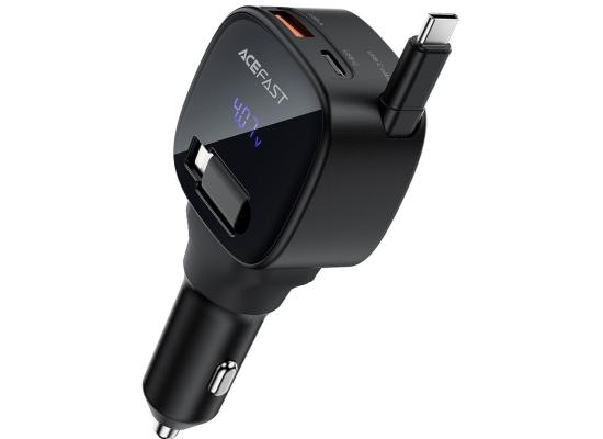 ACEFAST B17 95W Car Charger USB-C + USB-A LED Display Fast Charging Adapater with Retractable Cable - Black
